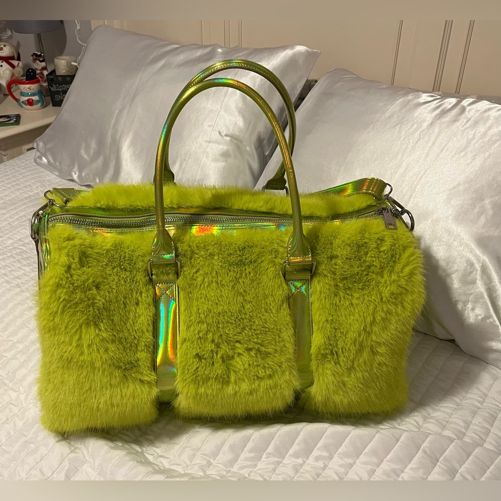 Lime GREEN Faux Fur Duffle/Duffel Bag; “Club EXX” by DollsKill; zip; like new